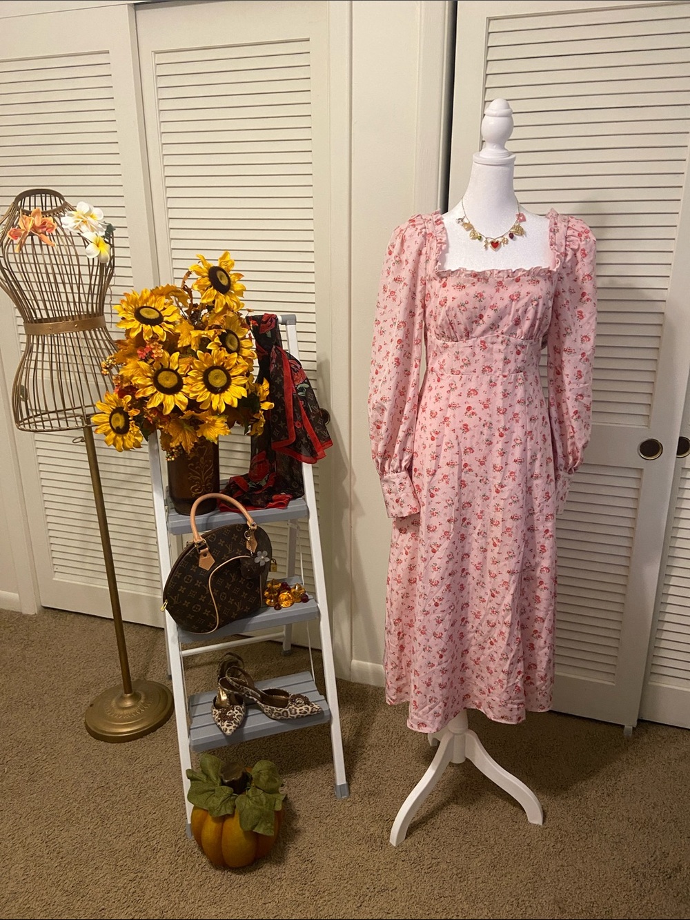 Boohoo Pink Floral Puff Sleeve Midi Dress